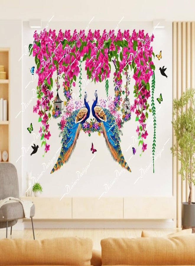DivineDesigns ملصق حائط ذاتي اللصق من فينيل PVC من DivineDesigns، بتصميم قفص زهور وردية صيفية وفرع طاووس، لتزيين المنزل/غرفة المعيشة (متعدد الألوان). - Image 2